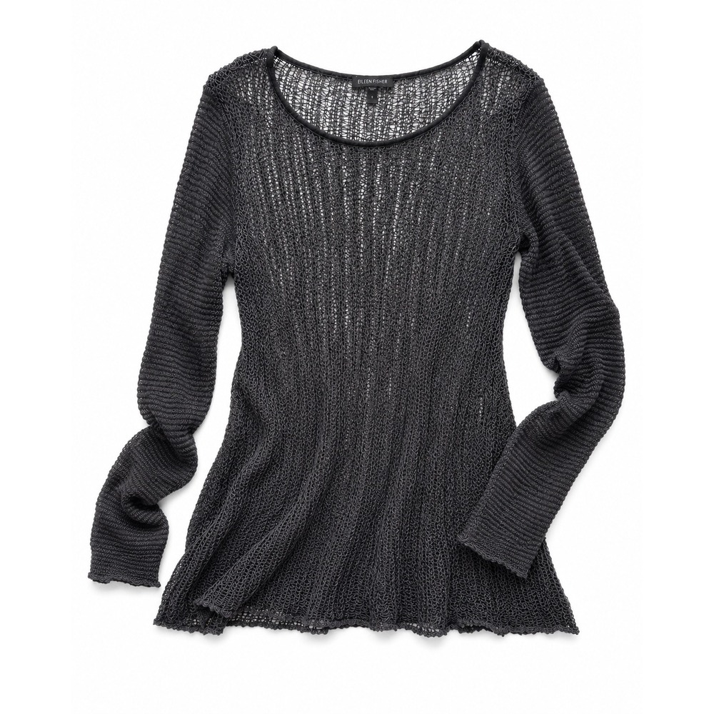 Eileen Fisher Crochet Mesh Knit Long-sleeve Shirt Gray Small Lagenlook